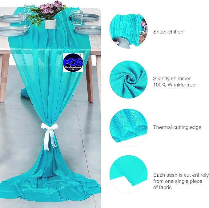 MDS 2 Pack 14ft Chiffon Table Runner 29 x 170 Inches Sheer Wedding Runner Romantic Rustic Table Runner for Wedding Decorations, Birthday Parties, Bridal Shower Party Arch Decor - Peacock Blue