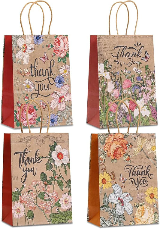 piqiya 24pcs Vintage Floral Gift Bags,Thank You Kraft Paper Bags with Handles for Friend Teacher Mom,Colorful Flower Pattern Bag for Gifting,Birthday,Gratitude,Party Goody Treat Bag