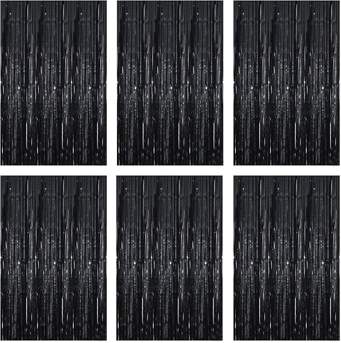 Black Foil Fringe Curtain 3.3×8.3FT 6 Packs, Metallic Tinsel Curtains Party Streamers for Birthday Graduation Baby Shower Decoration (6pcs,3.3FT×8.3FT, Black)