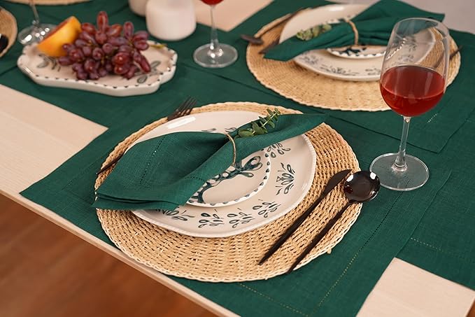 Linen Table Runner 14 x 120 Inch Long - 100% Pure Linen Christmas Green Table Runner - Cloth Fabric Hemstitch Runner for Thanksgiving, Christmas, Winter, New Year - Elara