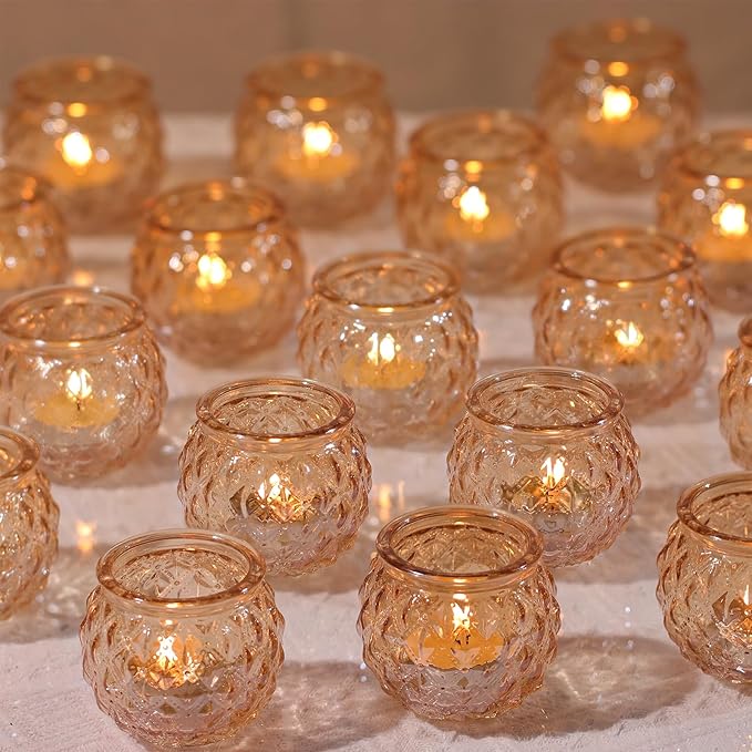 DARJEN 48Pcs Gold Votive Candle Holders - Round Glss Candle Holders Bulk for Table Centerpiece, Tea Lights for Wedding Shower, Party & Home
