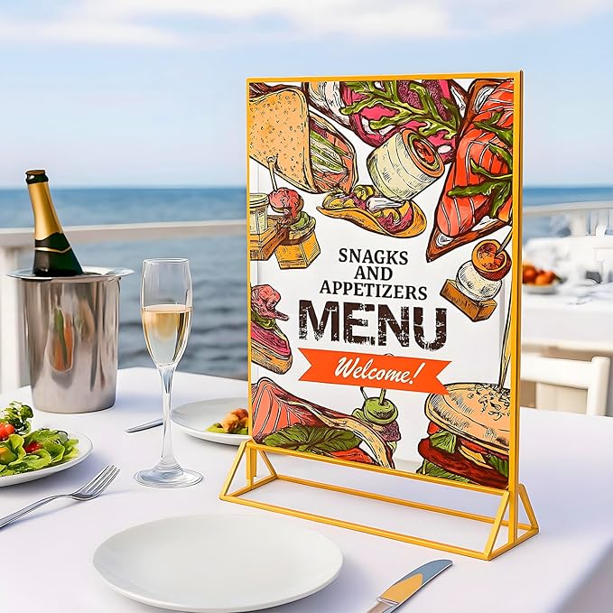 Acrylic Sign Holder, 5 x 7 Inch Gold Frames, Double-Sided Display Stand Picture Frames, Table Signs Holders for Table Menus, Offices, Weddings, Flyers and Photo (Gold, 5 x 7 Inch (4 Pcs))