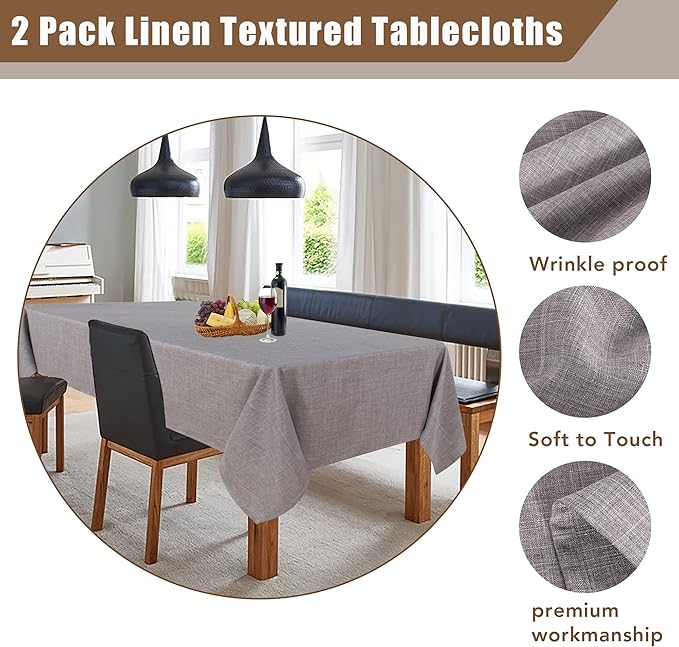 Fitable Textured Linen Tablecloths 2 Pack, Washable Fabric Rectangle Table Clothes for 6 Foot Tables, Rustic Holiday Table Covers for Kitchen Dining, Party, Farmhouse (Stone, 54 x 108 Inch)