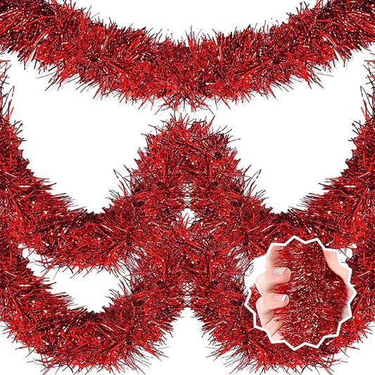 50 Feet Red Christmas Tinsel Garland, Metallic Foil Twist Banner Wall Hanging Tinsel Streamers Backdrop for Parade Floats, Christmas, Mother's Day, Birthday Party Decorations(2in x 50ft)