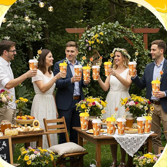 Yungyan 24 Sets Honey Bee Party Favors Goodie Cups with Lids and Straws for Birthday Decorations Reusable 16oz Plastic Candy Cups Plastic Straws for Birthday Party(Bee)