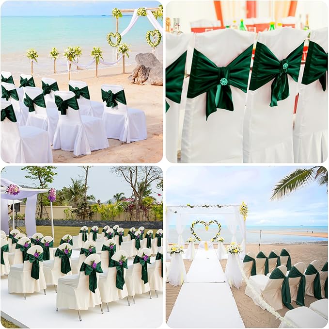 50 PCS Forest Green Satin Chair Sashes Bows Universal Chair Ribbon Ties Back Sash for Wedding Party Reception Events Banquets Hotel Event Chair Cover Decoration (7x108 inch)