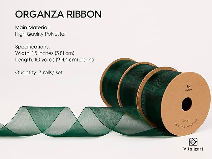 Vitalizart Green Organza Ribbon 1.5" x 30 Yd Sheer Ribbons Dark Green for Christmas Decor Gift Wrapping Crafts Bows Wedding Invitations Wreaths Bouquet
