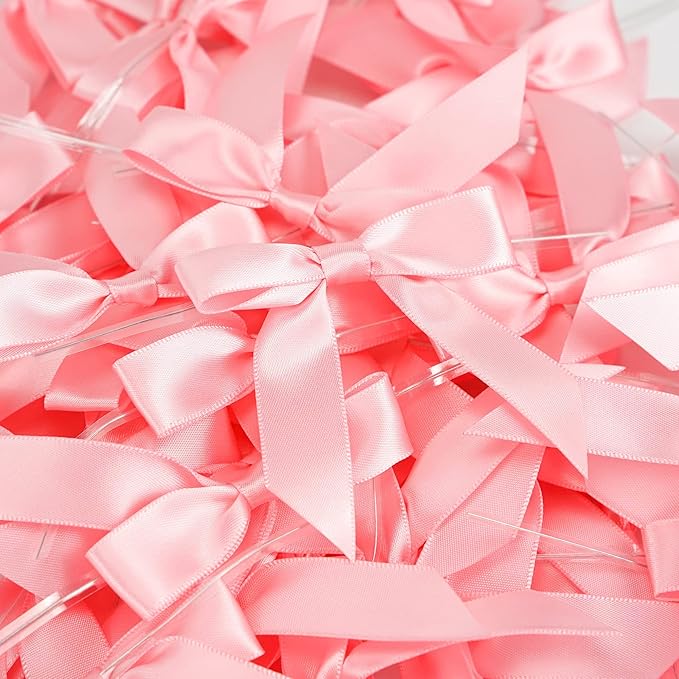 AIMUDI Baby Pink Satin Ribbon Twist Tie Bows 2.5" Light Pink Pretied Bows Premade Craft Bows for Treat Bags Cake Pop Gift Wrapping Basket Wedding Favors Cookie Candy Bagging Baby Shower - 50 Counts