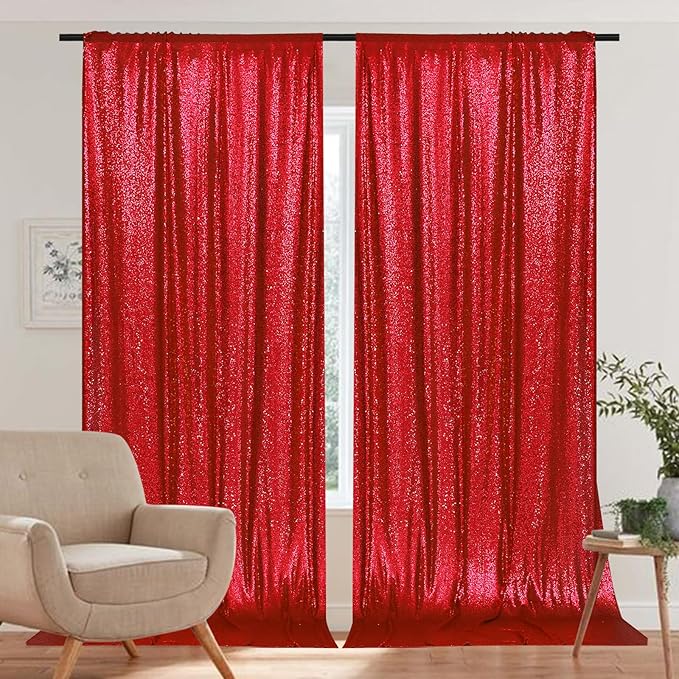 PartyDelight Sequin Backdrop Red 2 Panels 5Ft x 10FT Photography Curtains Party