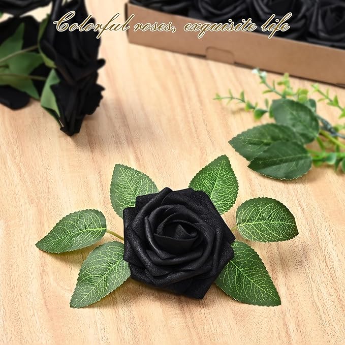 BLEUM CADE 36Pcs Artificial Flowers Fake Roses with Stems, Black Boxed Foam Roses for DIY Bouquets Centerpieces Wedding Party Arrangement Bridal Shower Decor