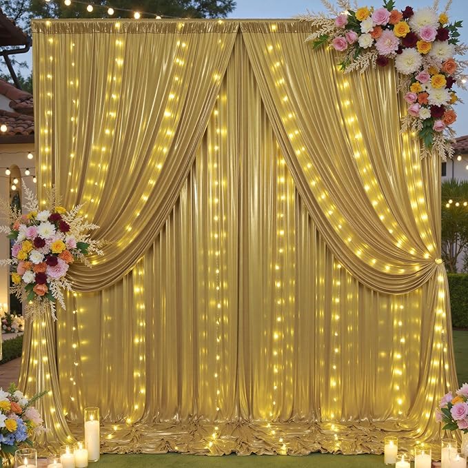30x10 ft Gold Sequin Backdrop Curtain with Lights for Parties, Wrinkle Free Glitter Photo Backdrop Drapes Shimmer Back Drop Cloth with Light Strings for Wedding Birthday Photography Background