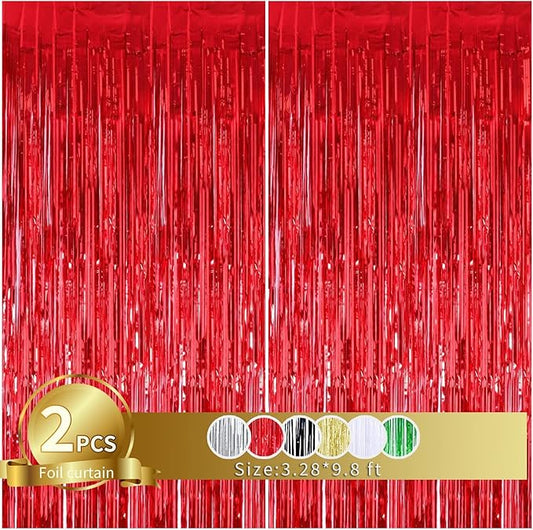 TONIFUL 2Pcs Red Metallic Tinsel Foil Fringe Curtains,Red Photo Booth Backdrop Streamer Curtain Photo Booth Props for Bachelorette Party,Birthday,Graduation,Christmas Decor(6.6ft x 9.9ft)