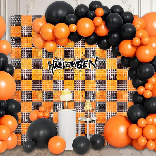 24PCS Black Orange Shimmer Wall Backdrop, Halloween Square Sequin Photo Backdrops Panel, Glitter Wall Background for Halloween, Birthdays, Weddings, Christmas, Engagements, Party Decor (4FTx6FT)