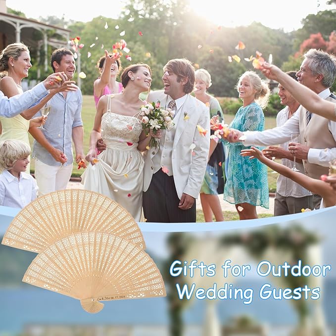 100Pcs Wedding Fans Personalized Folding Hand Fans Custom Sandalwood Wedding Fans with Organza Bags Wedding Party Favor Wedding Fans for Guests (10)