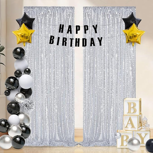 Sequin Backdrop Curtains 6ft x 8ft Silver Background Wedding Decoration Panels Giltter Curtains for Birthday Party 2 Pcs 3ftx8ft