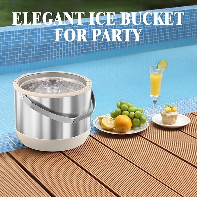 5Quart/4.8L Insulated Ice Bucket with Scoop & Lid, Double-Wall Ice Bucket,Large Party Bucket BPA Free for Cocktail Bar, Champagnes (White)