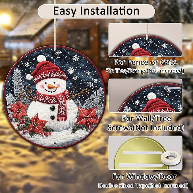 Round Christmas Snowman Decor Metal Tin Sign for Door Hanging Sign for Home Bars Clubs Cafes 12 * 12 in