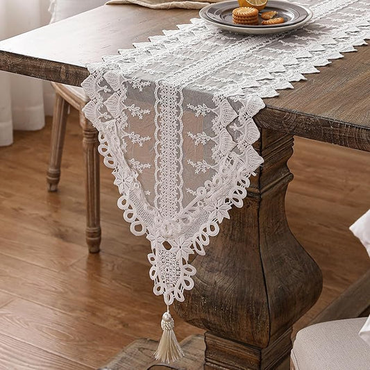 patdrea Designer Vintage White Lace Table Runner,Crochet Decorative Table Covers,Chiffon Embroidered Tasseled Table Runners, Cutwork Dresser Runners,Christmas Wedding Party Bridal 16x71 Inches Long