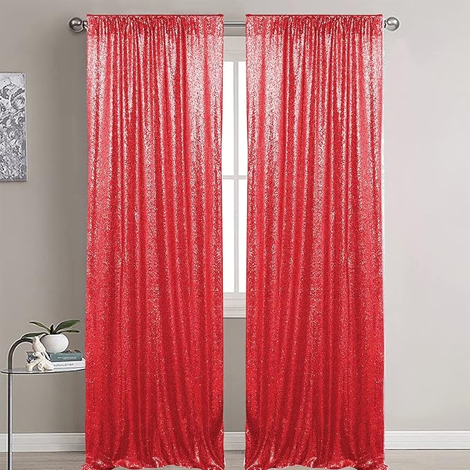 Red Sequin Backdrop Curtains 2 Panels 2FTx8FT Glitter Red Drapes Backdrops Sparkly Photo Backdrop Party Wedding Baby Shower Curtain Sparkle Photography Background
