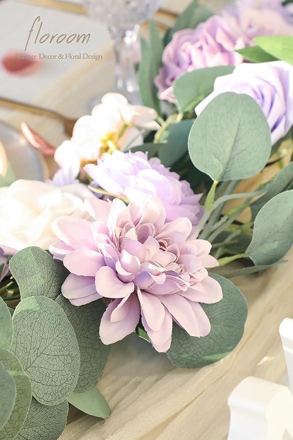 Floroom Lavender Violet Lilac Artificial Flowers Fake Roses Peonies Dahlias Greenery Combo Box Set for DIY Purple Wedding Bouquets Bridal Shower Centerpieces Floral Arrangements Party Table Decoration