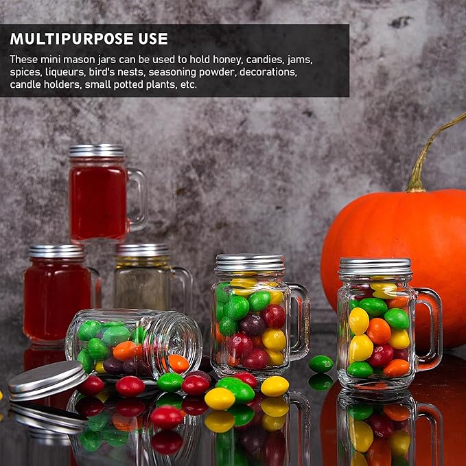 30 Pack Small Mason Jars, 1.5 oz Mini Mason Jar Glasses with Lids & Handles Mini Honey Jars DIY Decorations,Glass Favor Jars for Drink, Dessert, Candle, Craft, 30 Labels and Hemp Rope & Pen