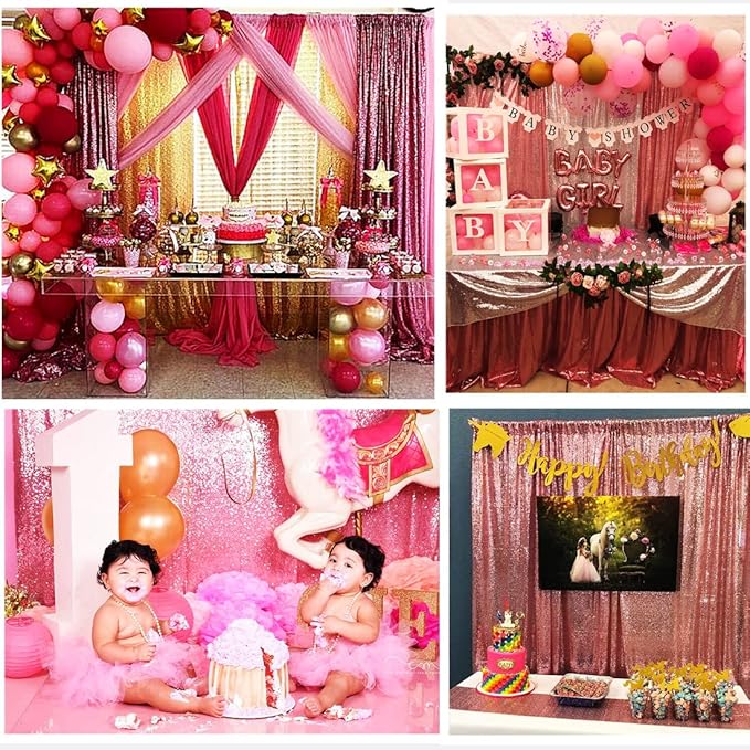 Poise3EHome 2Pcs 3Ft x 8Ft Fuchsia Pink Sequin Backdrop Curtain, Glitter Photography Background, Sequence Xmas Thanksgiving Backdrop for Wedding Party Holiday Festival Decor
