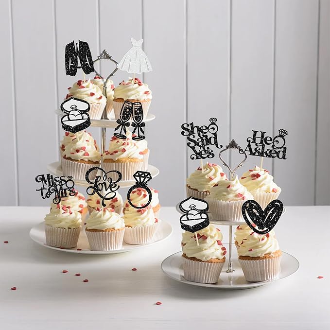 Gyufise 30Pcs She Said Yes Cupcake Toppers Glitter Diamond Ring I Do Love Cupcake Picks Miss to Mrs He Asked Bridal Shower Wedding Engagement Bachelorette Cake Decoration Black
