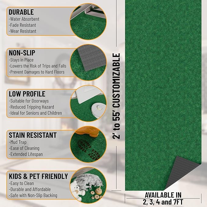 Ottomanson 2'7" x 10' Hallway Runner with Scraper Pile - Extra Durable Non-Slip Rug Mat for Indoor & Outdoor Use - Ideal for Kitchen, Entryway & Garage - High-Traffic Carpet, Green