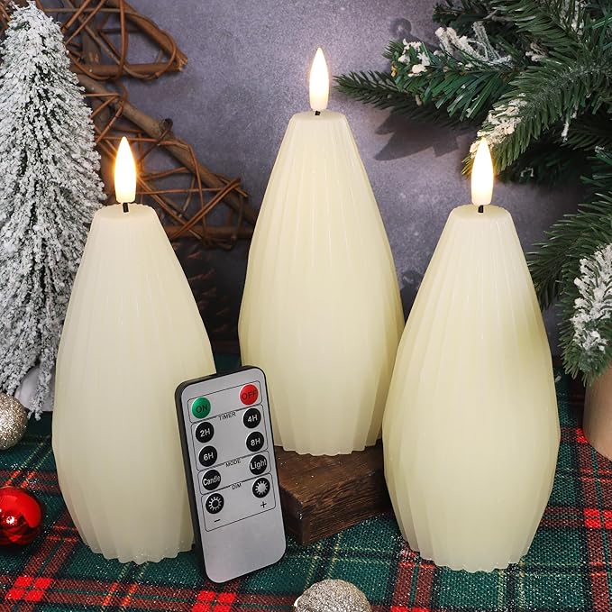 Silverstro Irregular Flameless Candles with Remote Control & Timer Function, Real Wax Flicker Battery Operated Candles for Home Party Wedding Nautical Christmas Ocean Decor - Set of 3(Ivory)