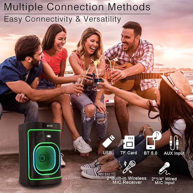 BeatGhost Karaoke Machine Portable Bluetooth Party Speaker 2 Rechargeable Wireless Microphones for Adults Kids 8" Subwoofer 225W Peak Powerful Loud Bass, LED Lights, TF USB AUX TWS