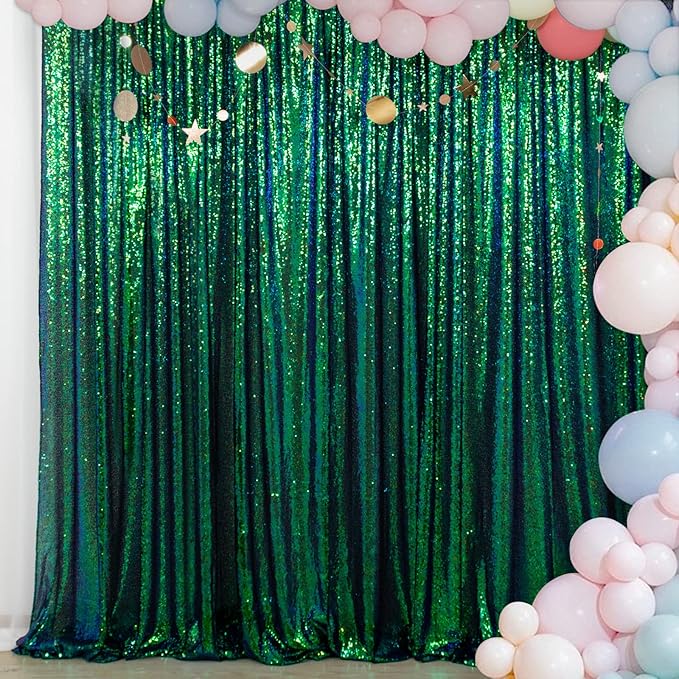 ShinyBeauty Iridescent Green Sequin Backdrop 20x10FT Glitter Fabric Photograph Sequins Green Blue Shimmer Wall Studio Background