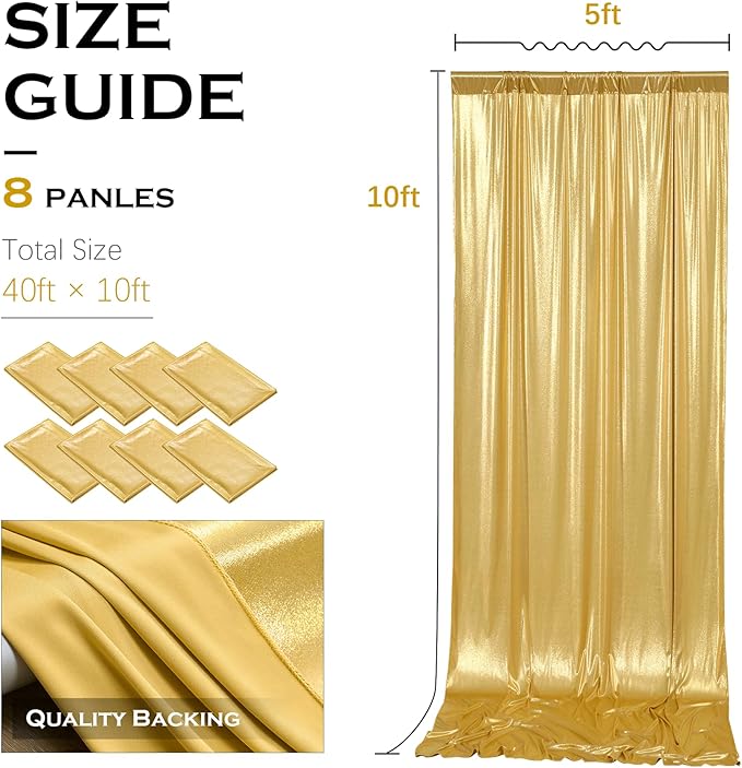 PartyVillage 40x10FT Gold Sequin Backdrop Curtain -8 Panels 5x10FT Wrinkle Free Shimmer Back Drop Cloth, Glitter Backdrop Drapes for Photography, Birthday, Wedding, Graduation Background