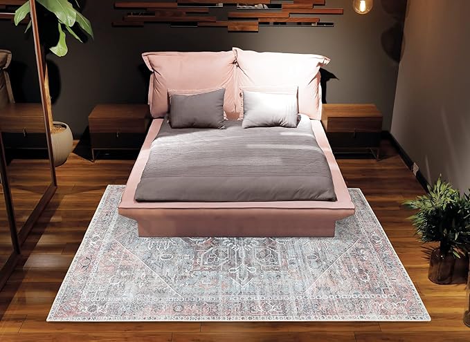 Bloom Rugs Washable Non-Slip 8' x 10' Rug - Light Pink/Light Blue Traditional Medallion Area Rug for Living Room, Bedroom, Dining Room, and Kitchen - Exact Size: 8' x 10'
