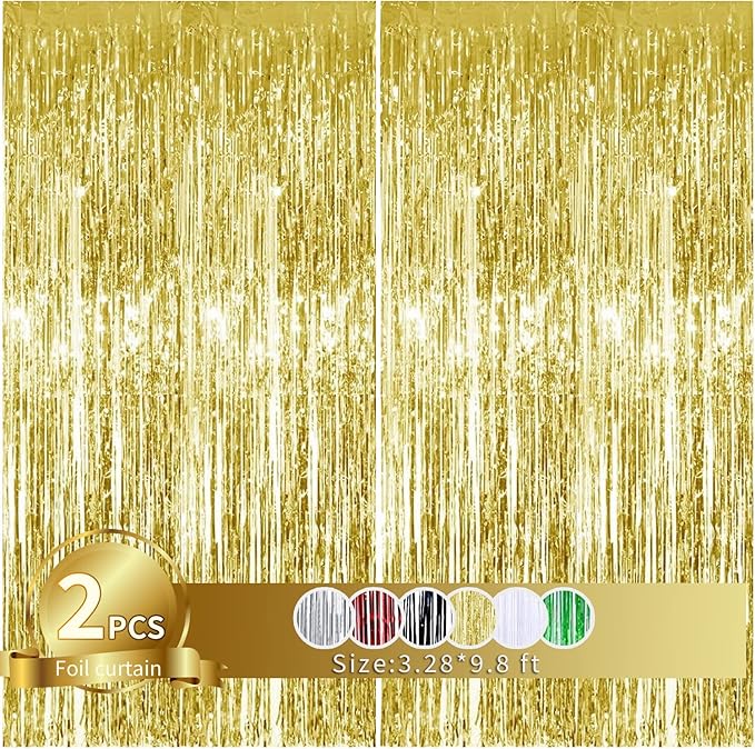 TONIFUL 2Pcs Gold Metallic Tinsel Foil Fringe Curtains,Gold Photo Booth Backdrop Streamer Curtain Photo Booth Props for Bachelorette Party,Birthday,Graduation,Christmas Decor(6.6ft x 9.9ft)
