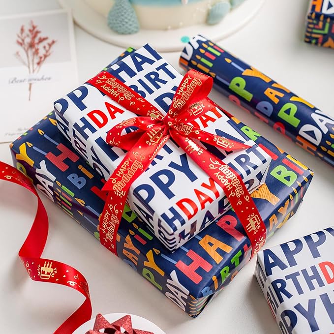 Birthday Wrapping Paper Roll - 30 Inch X 33 Feet - Reversible Metallic Foil Navy Blue Party Hat Theme Boy Gift Wrap Paper Blue Polka Dot Men Present Sheet for Kid Birthday, Party, Holiday, Celebration
