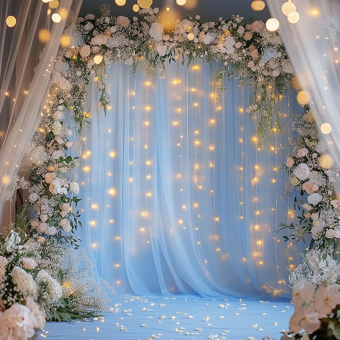 Fomcet Tulle Backdrop Curtains with Lights String Baby Blue 10FT X 10FT Sheer Curtains with Lights Tulle Curtain Backdrop for Wedding Birthday Party Photo Shoot (2 Panels 5x10FT)