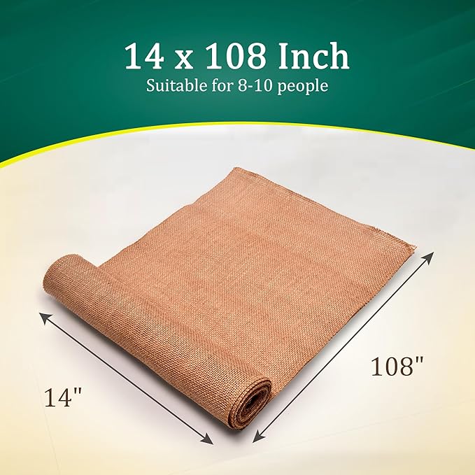 Burlap Table Runners (Pack of 6) – 14”x 108” - No-Fray Finished Edge Premium Quality Natural Table Runner – No Odor, Eco-Friendly Burlap Runner, Perfect for Rustic Table Decor and Other DIY Crafts