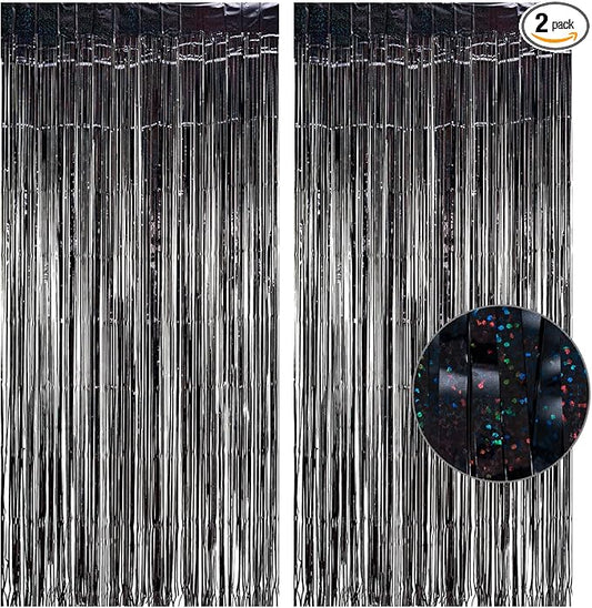 Black Tinsel Curtain Party Backdrop - GREATRIL Party Streamers Backdrop Foil Fringe Curtains for Birthdays/Wizard Halloween Decorations - 1m x 2.5m - Pack of 2