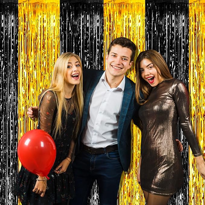 4 Pack Black Gold Foil Fringe Curtain Backdrop, 3.28Ft x 8.2Ft Metallic Tinsel Foil Fringe Streamers Curtains for Photo Booth, Wedding, Graduation, Birthday, Carnival Party Decoration