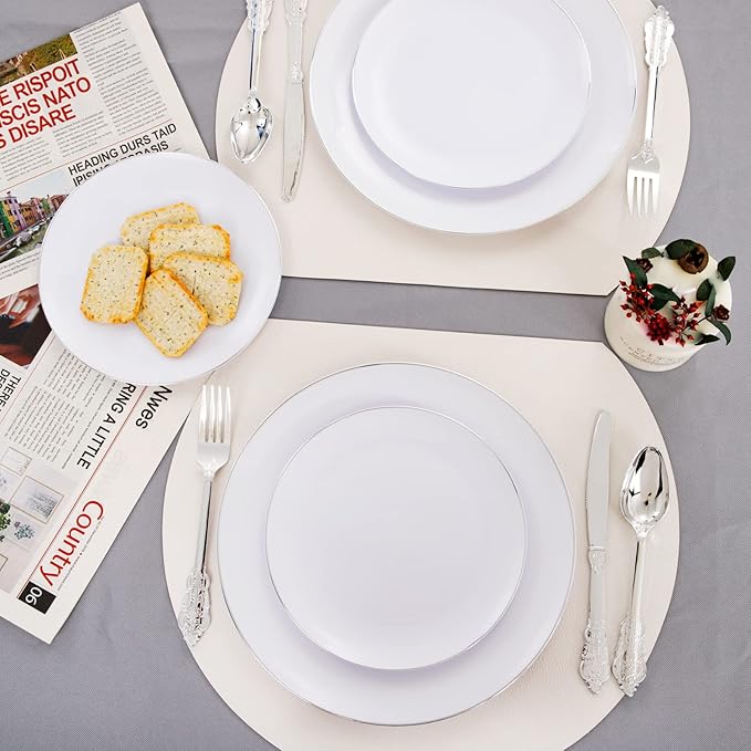 KIRE 100PCS Silver Plastic Plates - Heavy Duty White Disposable Plates with Silver Rim for Party/Wedding - Include 50Pcs 10.25inch Dinner Plates and 50Pcs 7.5inch Dessert Plates for Christmas