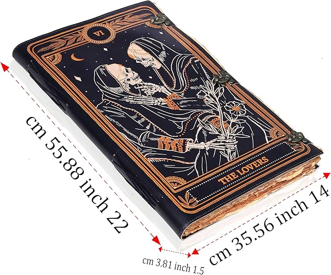 cuero Book of Spells Leather Journal Deckle Edge Paper Grimoire Printed Journal The Lovers Tarot Notebook Spiral Gothic Notebook Skull lover Antique Vintage Leather Journals for Women and Men