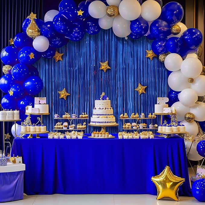 2 Pack Metallic Dark Blue Fringe Backdrop, 3.2x8.2ft Shining Foil Tinsel Curtains, Birthday Party Decorations Door Streamers for Halloween, Christmas, Wedding, Graduation, Holiday, Theme Events
