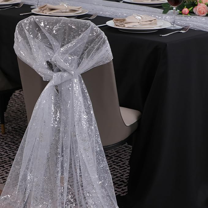 Snowkingdom 10 Pcs 10 FT Silver Table Runners, Sheer Chiffon Gauze Cheesecloth Runner, Sequin Glitter Silver Party Table Decoration Centerpieces for Wedding Christmas Birthday Bridal Baby Shower