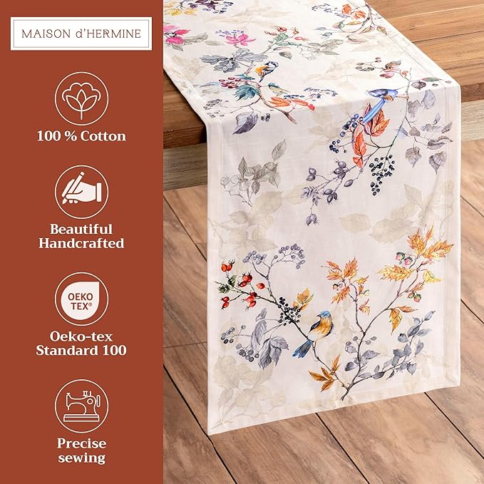 Maison d' Hermine Table Runner 100% Cotton Single Layer Table Runners 72 inches Long for Thanksgiving Christmas Decorations Home Kitchen Dining Party Wedding (Equinoxe - Beige, 14.5" x 72")