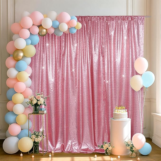 SquarePie Sequin Backdrop Less Transparent Background Sparkly Curtain for Wedding Party 10FT x 10FT Fuchsia Pink