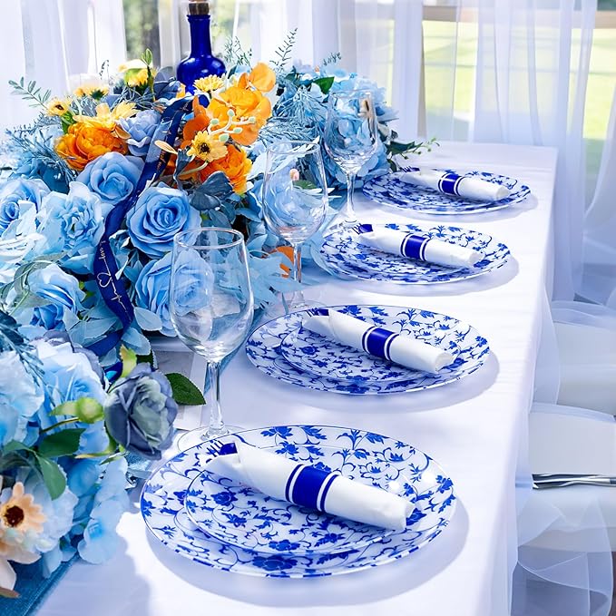 400PCS Pre Rolled Blue Plastic Silverware Sets - Heavy Duty Blue Cutlery - Include 100 Pack Wrapped Disposable Utensils with Napkins for Parties & Dinners & Weddings