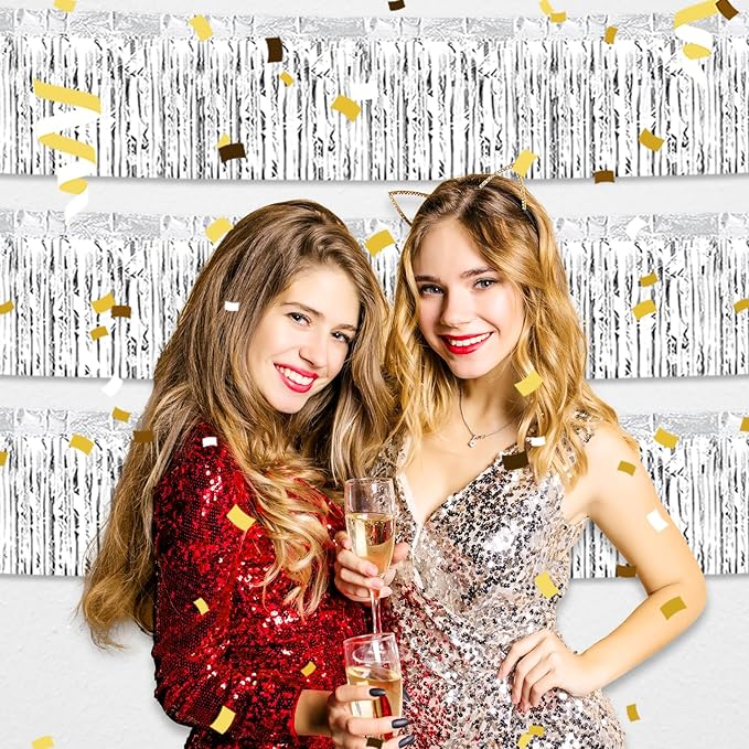 6 Pack 10 Feet Silver Foil Fringe Garland Metallic Tinsel Streamers Banner Wall Hanging Curtain Backdrop for Parade Floats, Birthday, Graduate, Mother's Day, Wedding Party Decoration