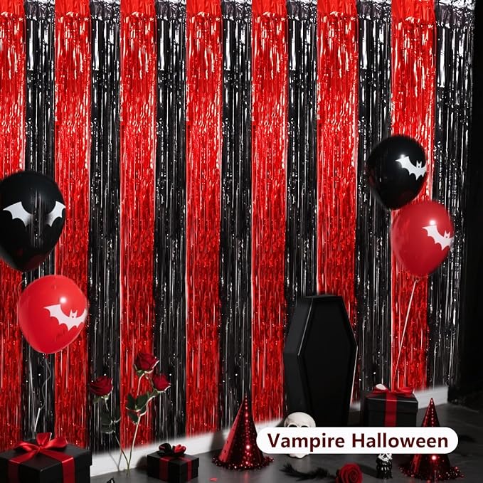BEISHIDA Red Black Door Streamers Backdrop Foil Fringe Tinsel Party Streamers Curtains Photo Backdrop - 2Pcs for Birthday Graduation Bachelorette Halloween New Year Party Decoations