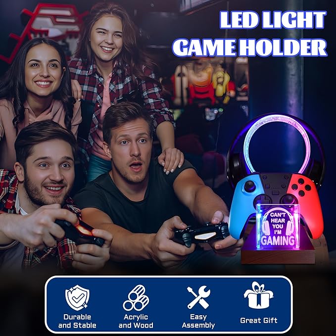 YuanDian Gamer Gifts for Teenage Boy, Can't Hear You I'm Gaming Headset and Controller Stand, Acrylic Wooden Controller Holder with Blue Pink LED Night Light, Desk Decor Gift