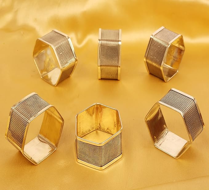 Brass Base Artistic Handcrafted Beautiful Geometric Hexagon Shape Large Size Party Dining Table Napkin Holders in Antique Gold Tone. (Set of 6).